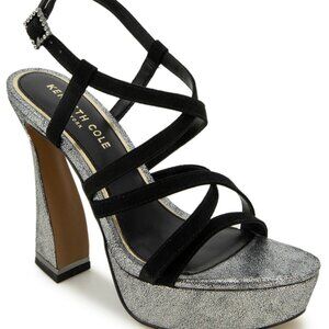 Kenneth Cole NY Black Silver Platform Heeled Sandals Crisscross Straps Women’s